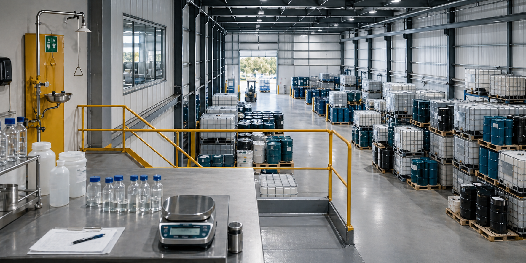 Clean chemical distribution facility with quality counter and organized inventory