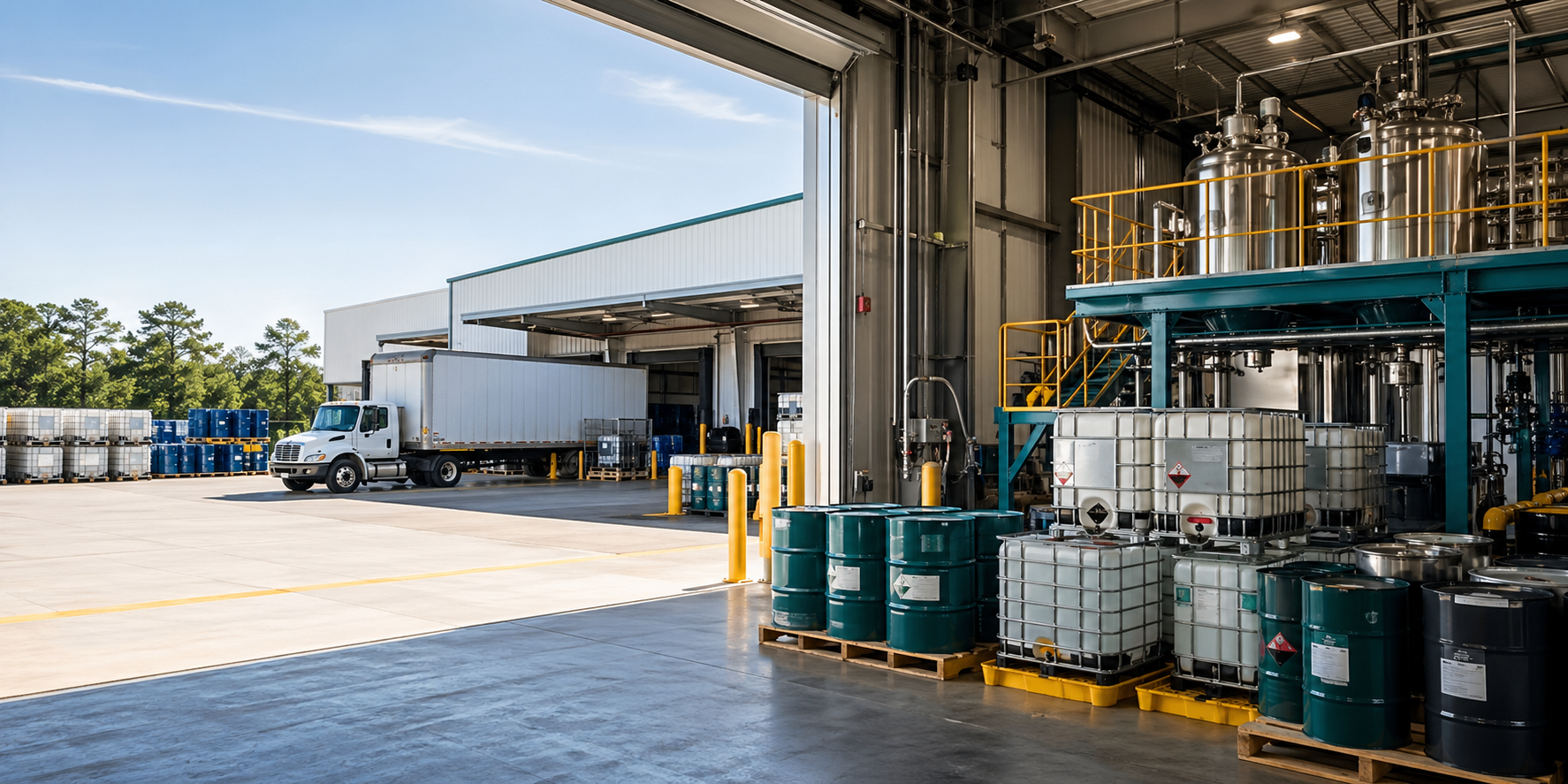 Clean warehouse with chemical drums, totes, blending equipment, and delivery dock