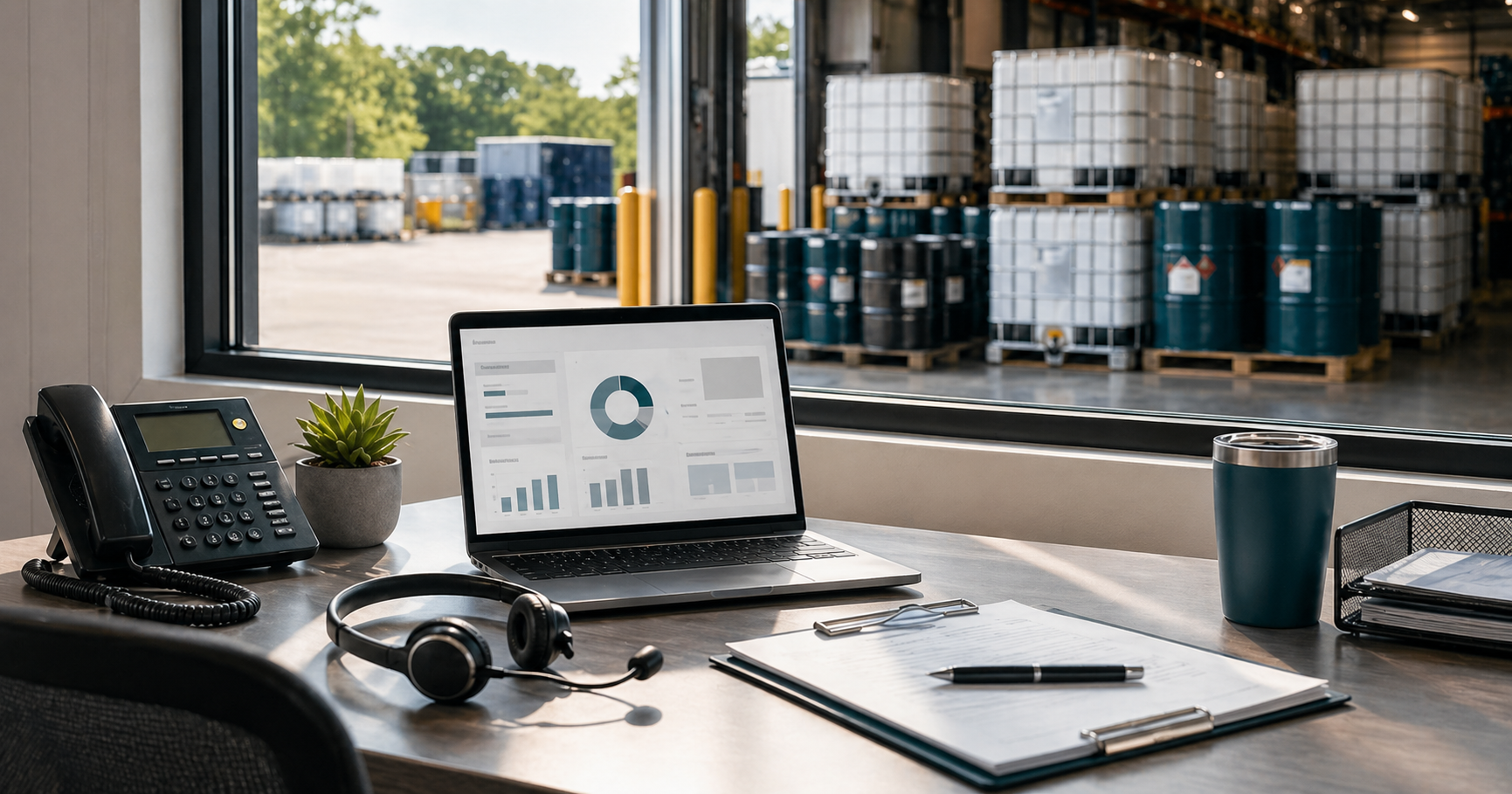Operations desk with laptop, phone, paperwork, and organized chemical inventory in the background
