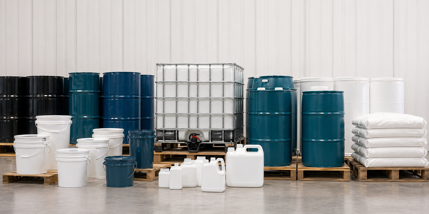 Packaged chemical pails, drums, tote, jugs, and sacks arranged in a clean warehouse
