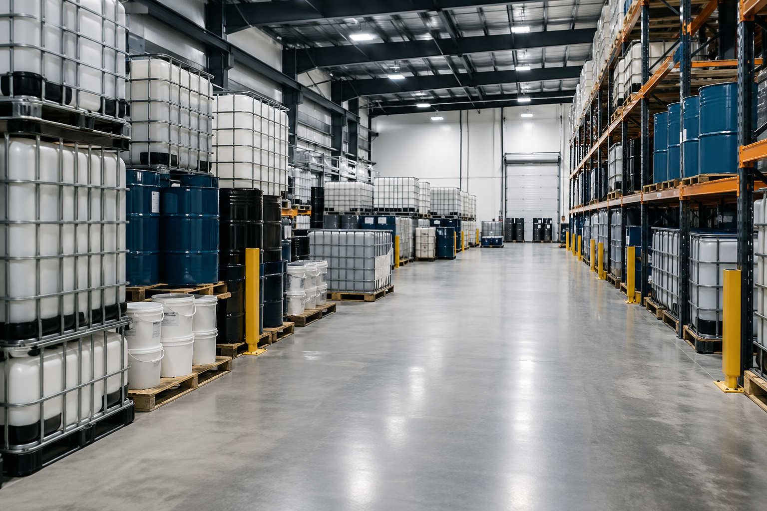 Organized warehouse aisle with chemical drums, totes, and pails