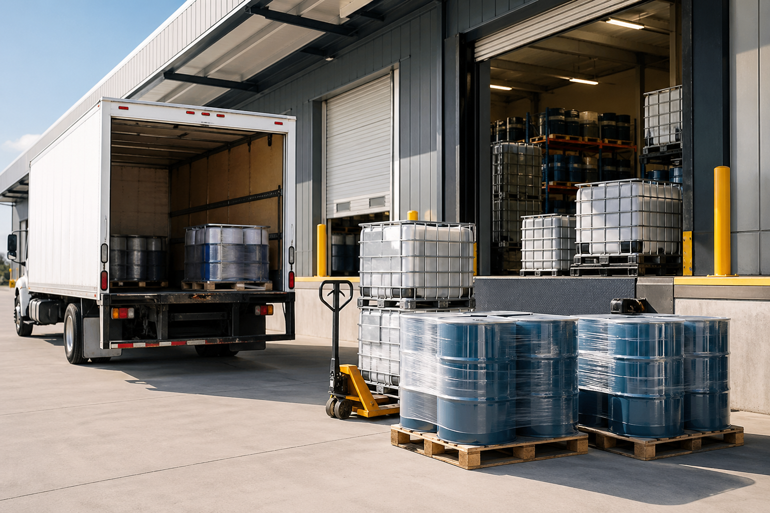 Loading dock with staged chemical drums, totes, and delivery truck